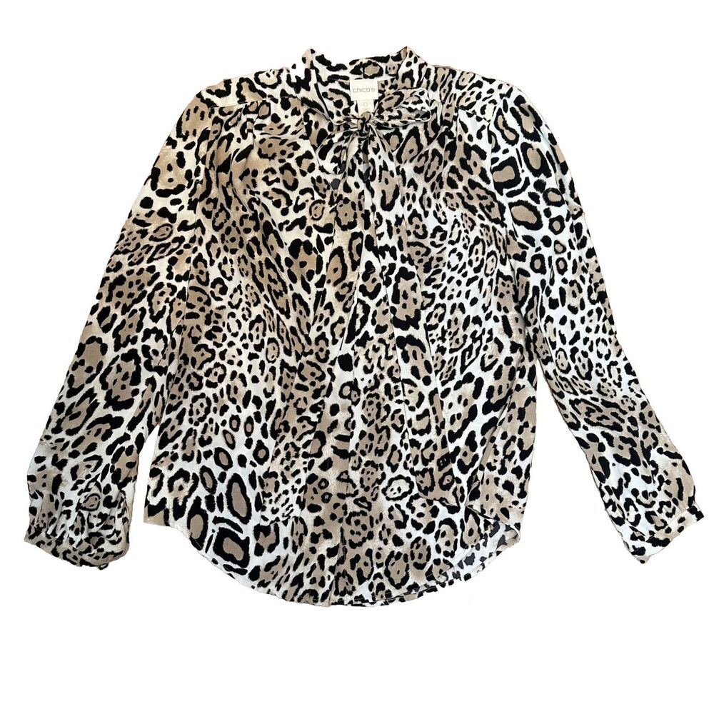 Chicos 0 Top Size 4 Small Leopard Tie Neck Blouse Bow Tie Button Down Long Sleev
